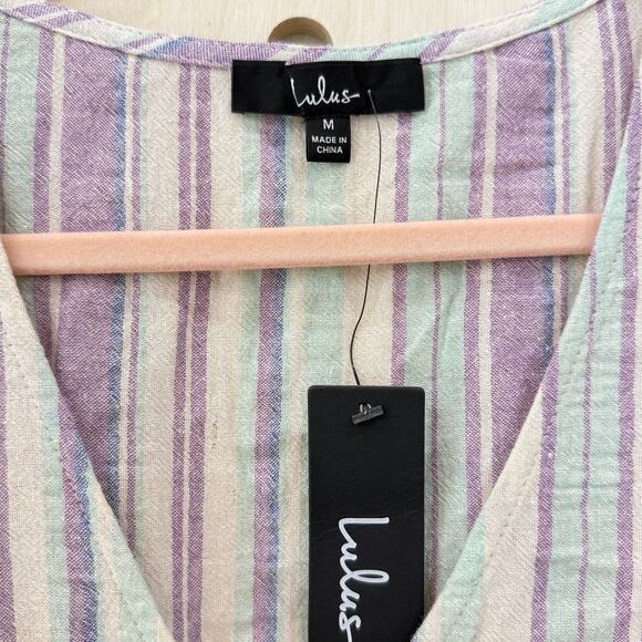 LULU’S Forever Adventure Romper Size M NEW Lilac Multi Striped Drawstring Waist - Picture 8 of 13